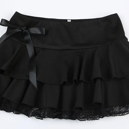 Dark pure desire spice girl style lace stitching bow skirt sexy low waist ballet A word cake mini skirt
