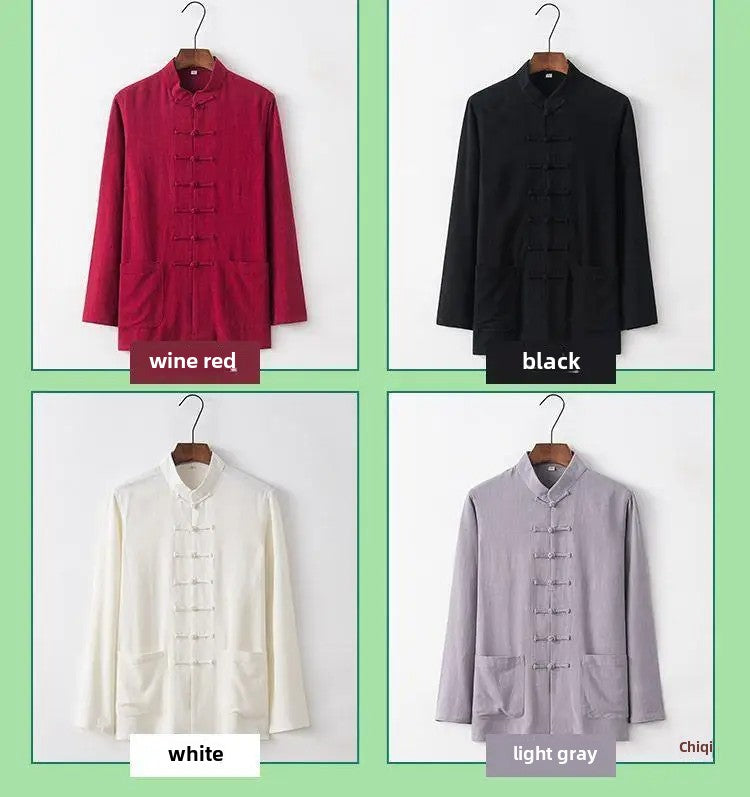 Spring Summer Long Sleeve Thin Men's Shirt Tang Suit Bamboo Cotton Linen Casual Vintage Chinese Style Kung Fu Tai Chi Tea Shirt