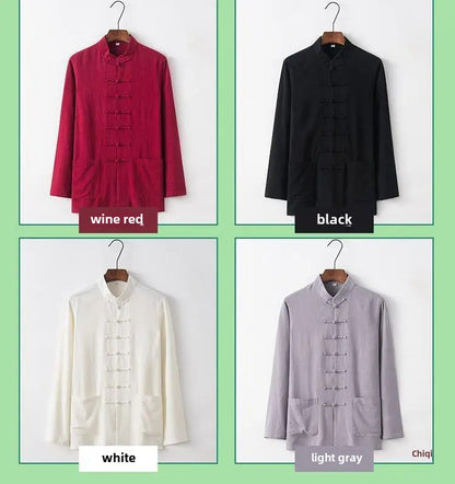 Spring Summer Long Sleeve Thin Men's Shirt Tang Suit Bamboo Cotton Linen Casual Vintage Chinese Style Kung Fu Tai Chi Tea Shirt