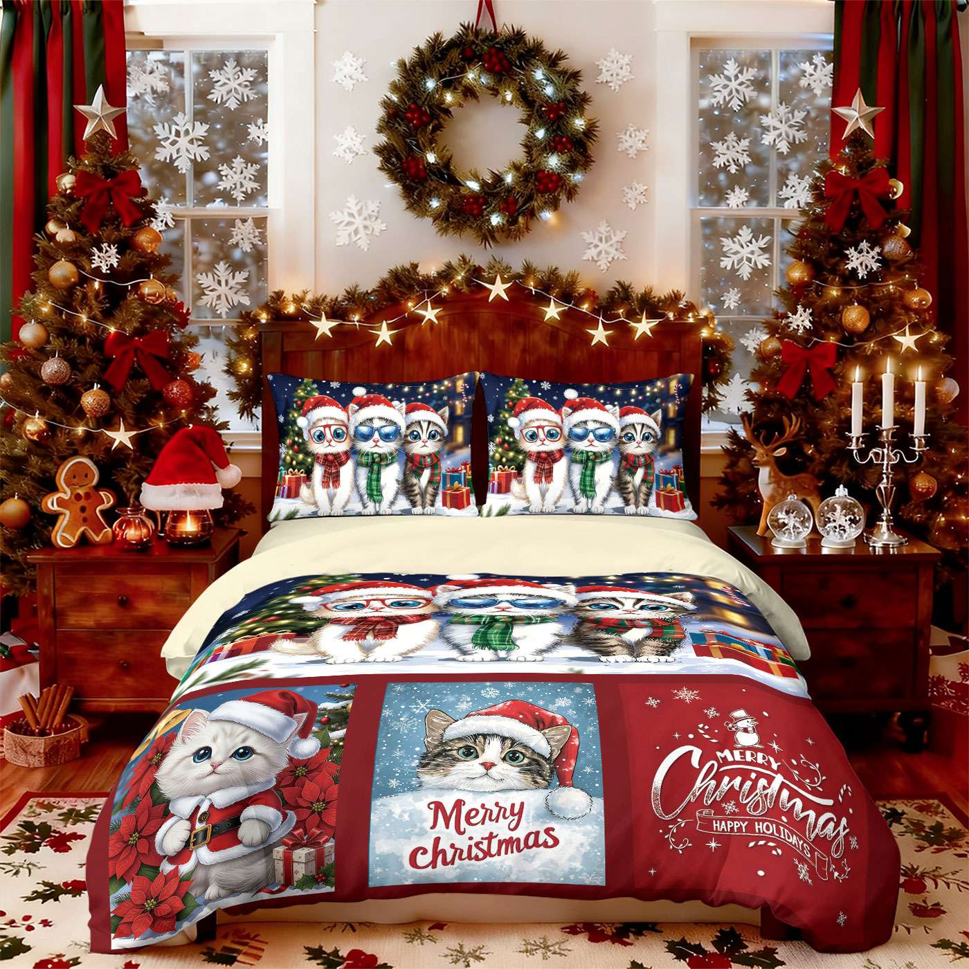 3pcs Merry Christmas Cat Printed Chipless Bedding Set Soft Dormitory Bedroom Multiple Sizes Machine Washable
