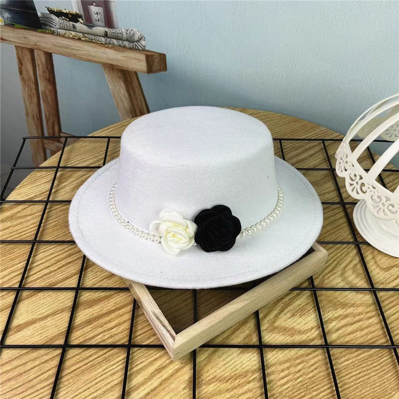 Chapéu Fedora Feminino Corrente Floral Alta Costura com Alfinetes de Pérola Boné em Relevo Preto Branco Outono Inverno Chapéu de Aba Larga para Meninas
