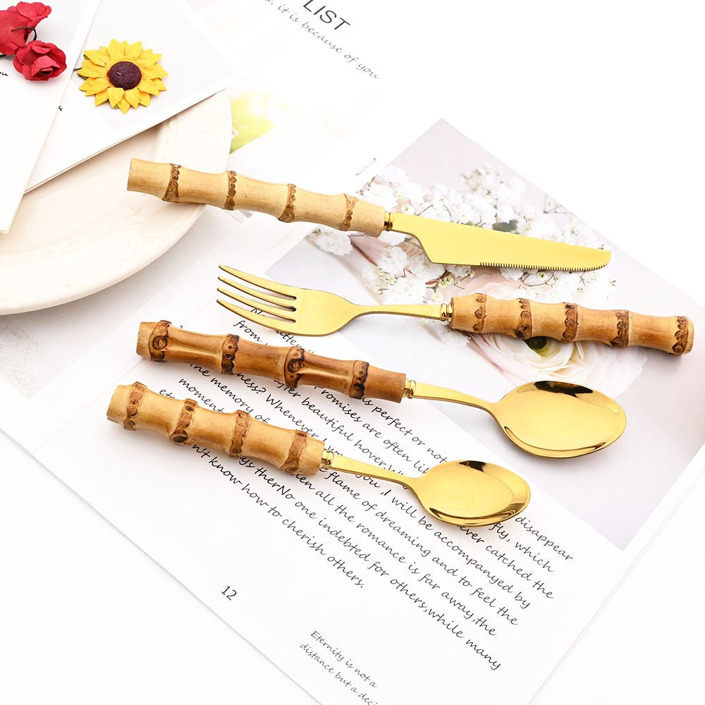Drmfiy Teaspoon Dinnerware Set Stainless Steel 4/6/10Pcs Coffee Spoons Cutlery Set Kitchen Bamboo Handle Golden Tableware Set
