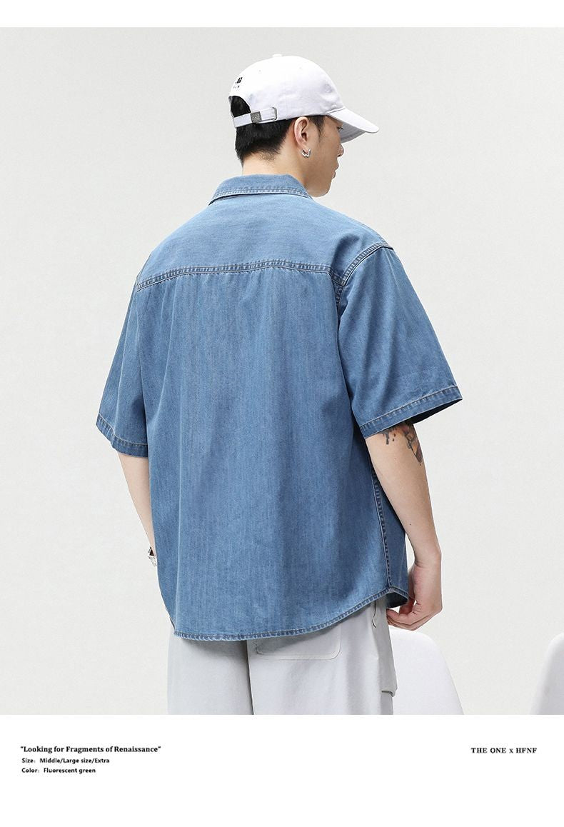 2025 Summer New Men's Casual Loose Shirt Polo Neck Short Sleeve Single Breasted Shirts Men's Vintage Solid Cargo Jeans  Tops