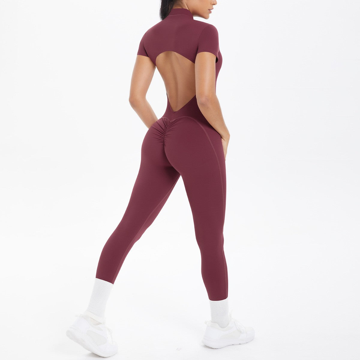 Women's Seamless Yoga Jumpsuit - Front Zip Open Back Breathable One-Piece Bodysuit for Gym Running Fitness Workout
