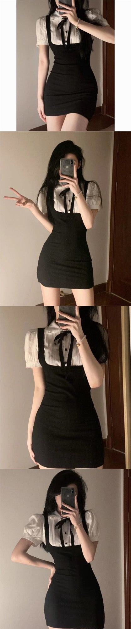 Summer Slimming Black White Splice Mini Dress Trendy Girl Outerwear Base College Style Patchwork Elegant Dress Princess Sleeve P