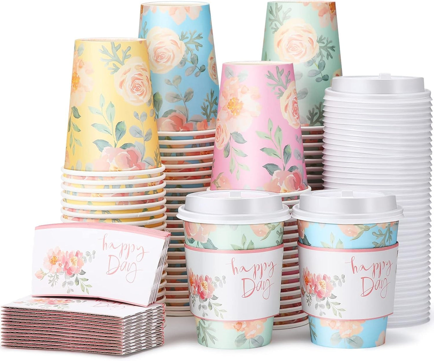 100 Copos de Café Descartáveis Florais de 12oz com 100 Tampas e 100 Luvas Copos de Papel Isolados para Bebidas Quentes
