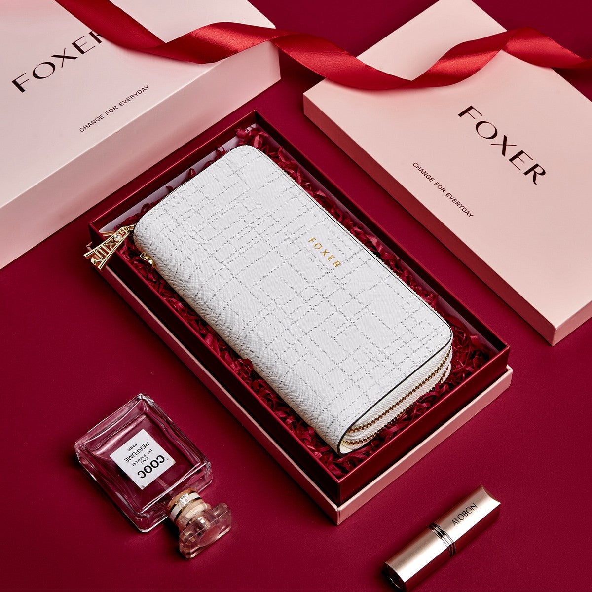 FOXER Split Leather Lady's Wallet Bifold Long Clutch Bag with Wristlet Fashion Card Holder Coin Purse Cellphone Money Bag