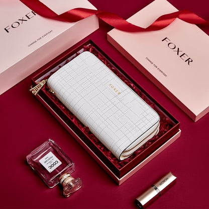 FOXER Split Leather Lady's Wallet Bifold Long Clutch Bag with Wristlet Fashion Card Holder Coin Purse Cellphone Money Bag