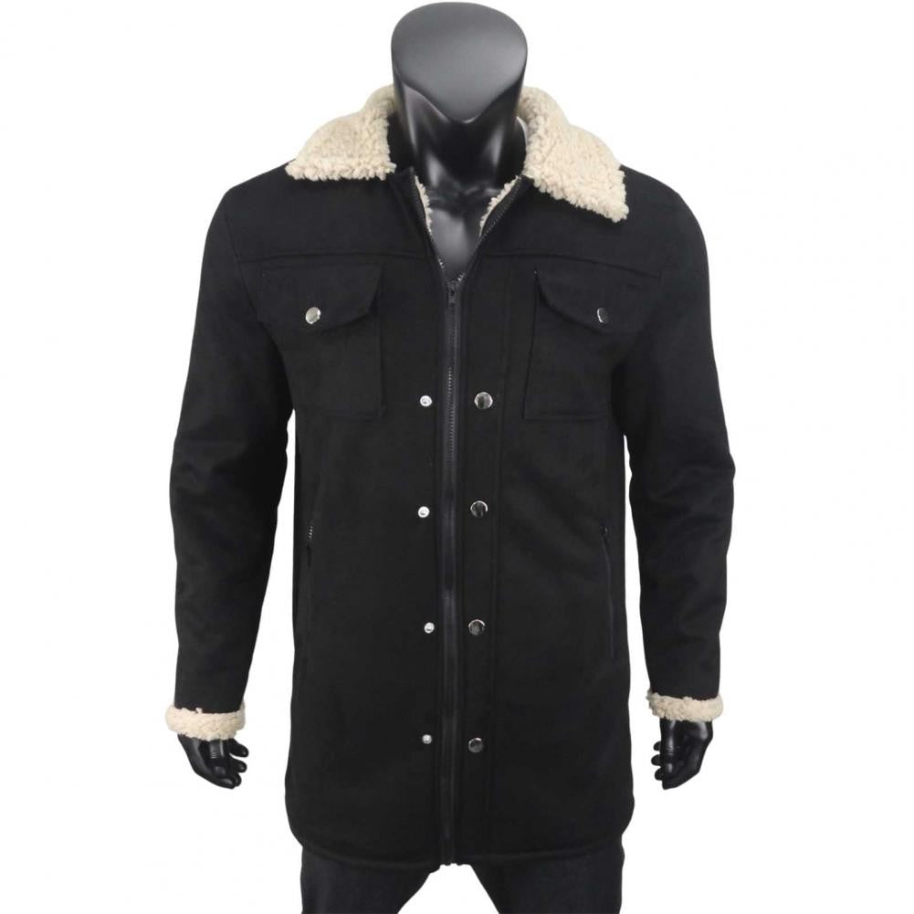 Autumn Winter Men Jacket Lapel Single-Breasted Mid-Length Coat Windproof Jacket Suede Multi Pockets Outerwear Men Clothing