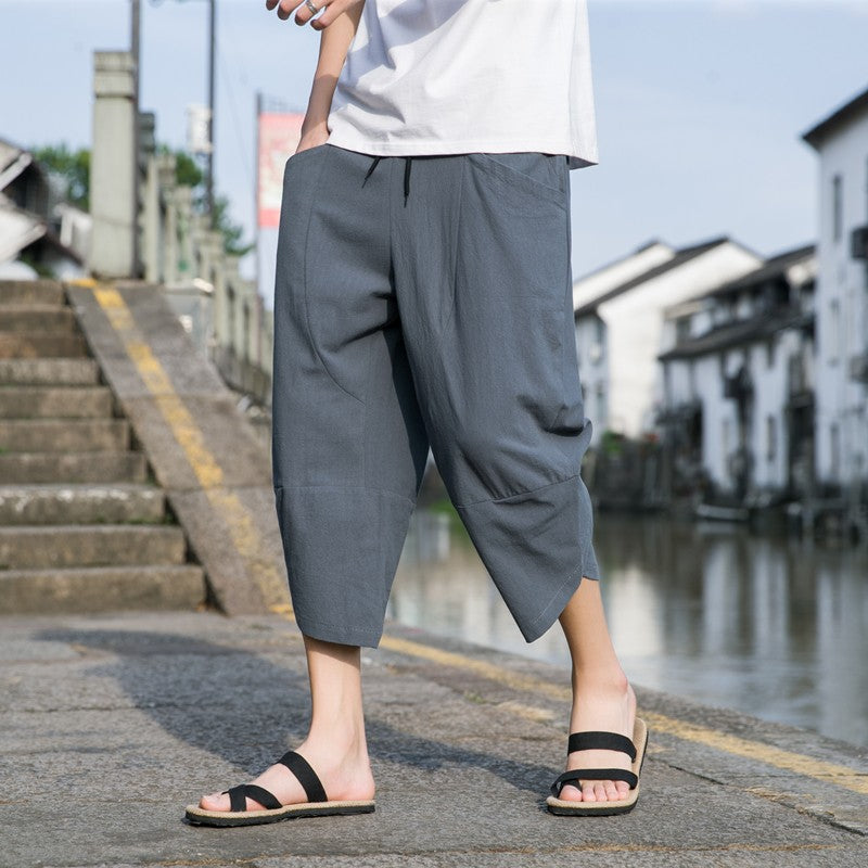 M-5XL Summer New 100% Cotton Loose Cropped Pants Solid Color Casual Elastic Waist Curved Leg Japanese Pants