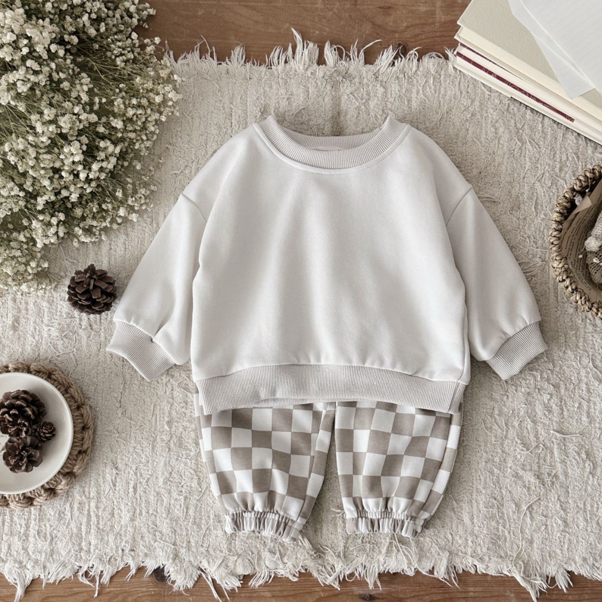 Autumn Fashion Newborn Baby Boys Girls Clothes Comfort Outfit Solid Color Long Sleeves Top+Chessboard Pattern Pants 2Pcs/set