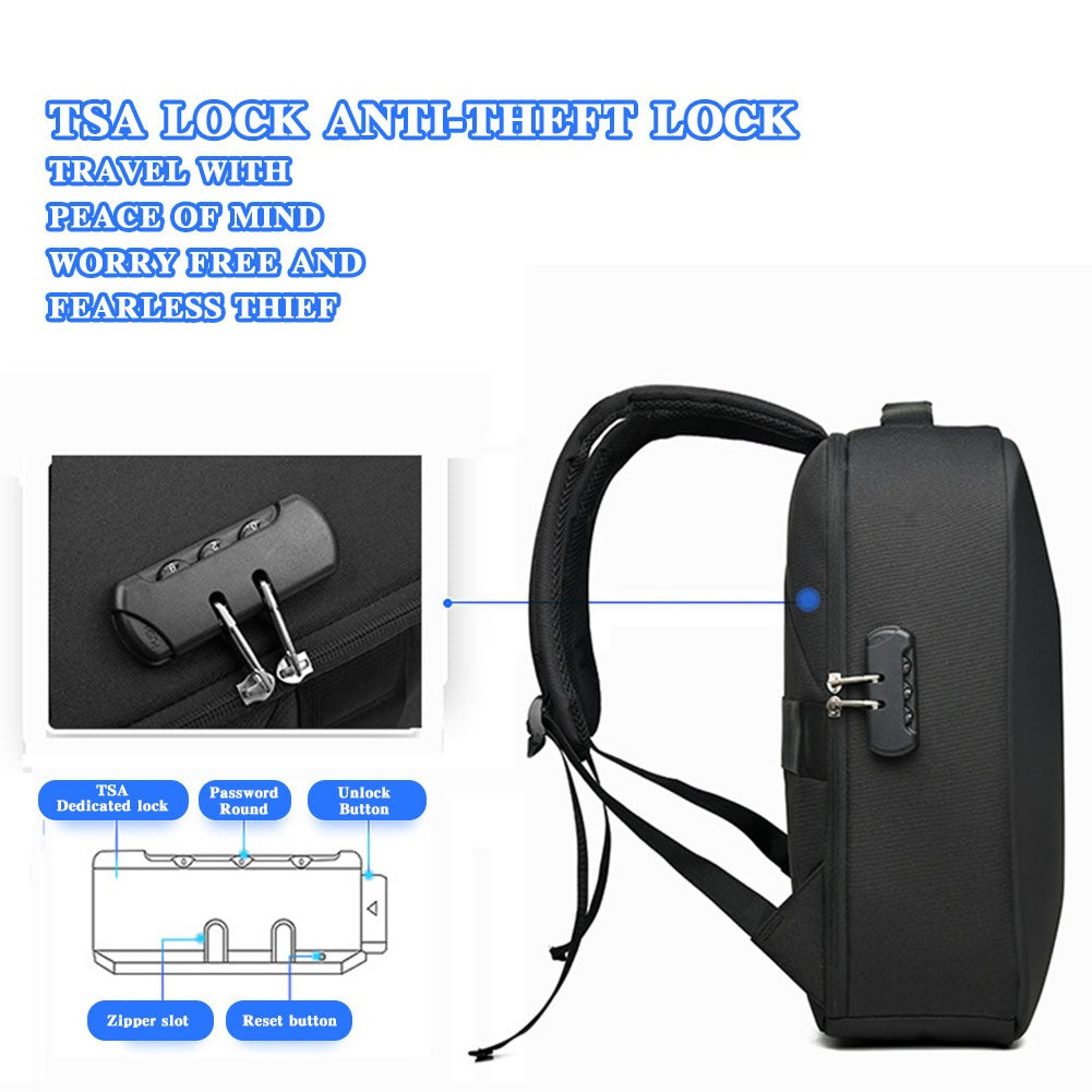 Mochila Masculina Casual Portátil Grande Capacidade com Zíper, Senha Segura, Impermeável, Porta USB para Carregamento e Compartimento para Laptop