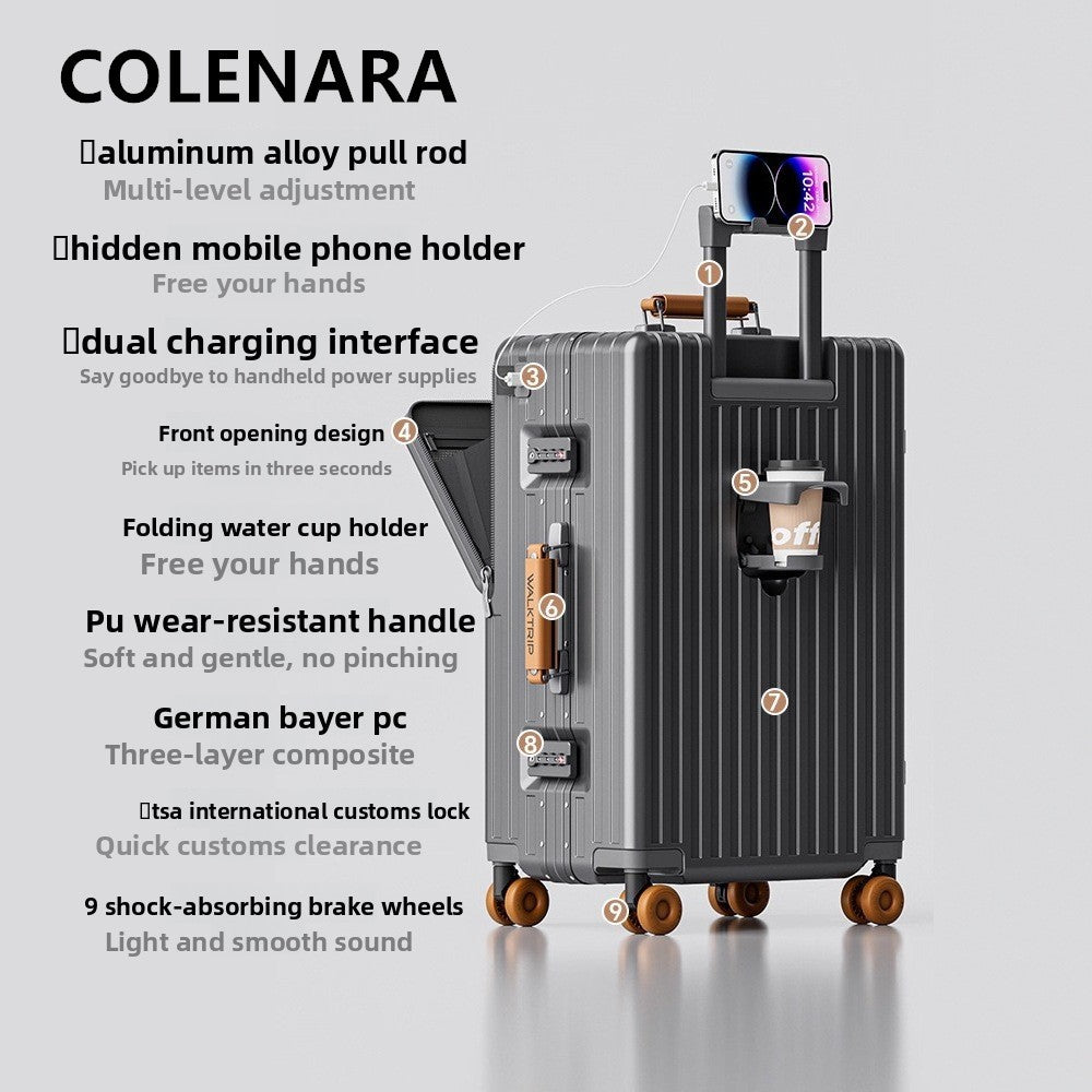 COLENARA Multifunctional Suitcase Front Opening Boarding Case Laptop Trolley Case USB Charging 20"24"26 Inch Travel Luggage