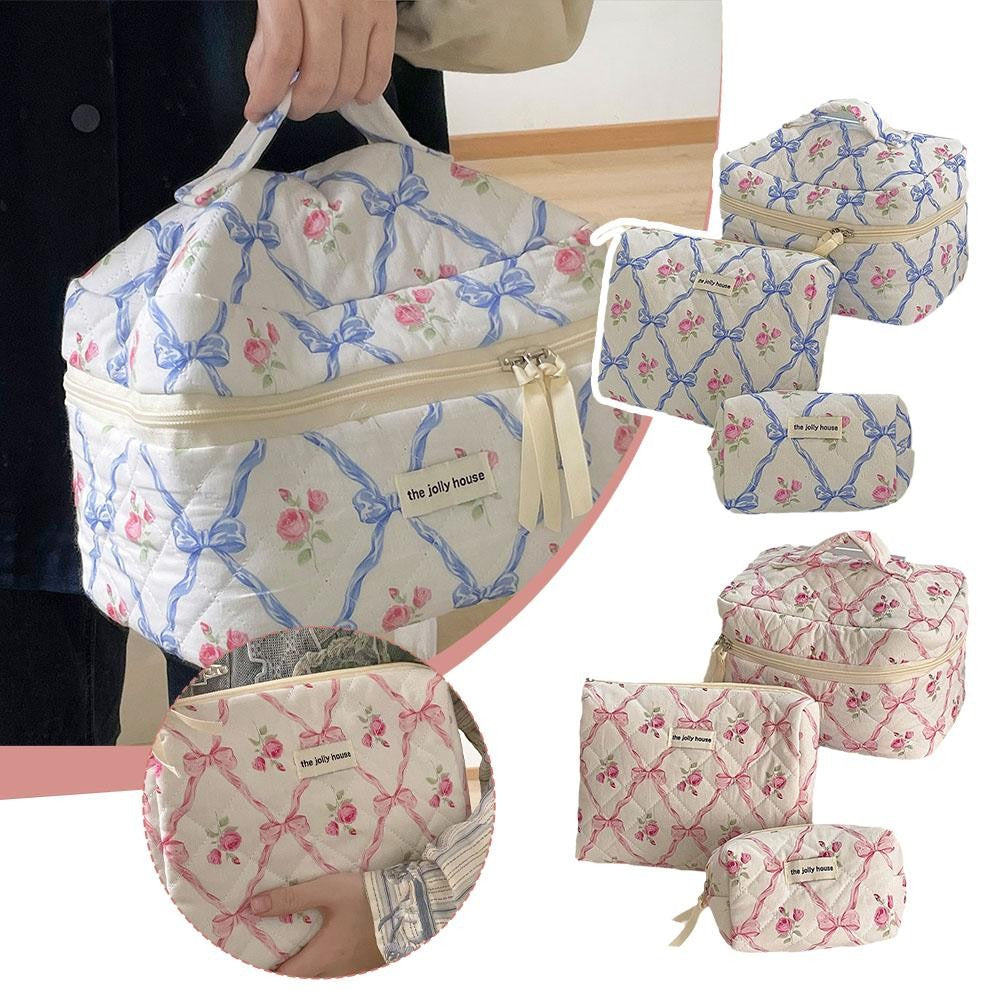 Cute Bow Flower Cloth Handbag Quilting Cotton Makeup Bag Women Zipper Cosmetic Organizer Portable Toiletry Case for Girls