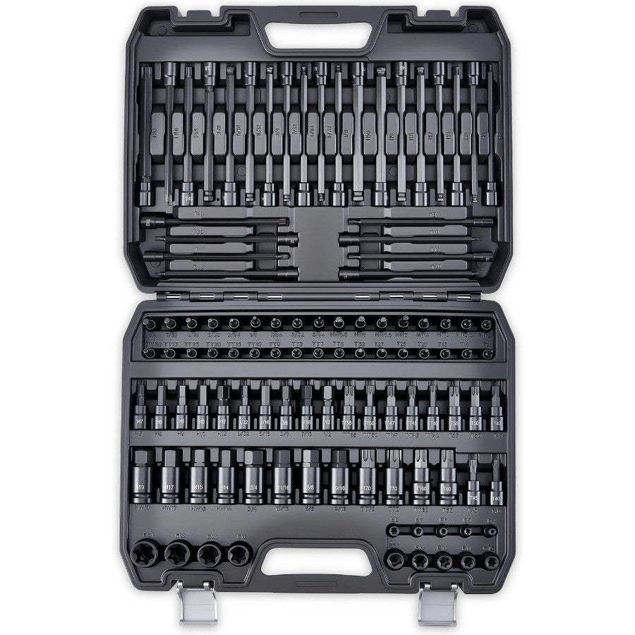107-Piece Master Torx Allen Bit Socket Set S2 Steel 1/4 3/8 1/2 Drive Long Torx Ball End Hex Tamper-Resistant Star E-Star Socke