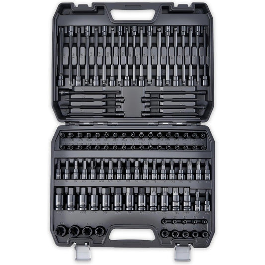 107-Piece Master Torx Allen Bit Socket Set S2 Steel 1/4 3/8 1/2 Drive Long Torx Ball End Hex Tamper-Resistant Star E-Star Socke