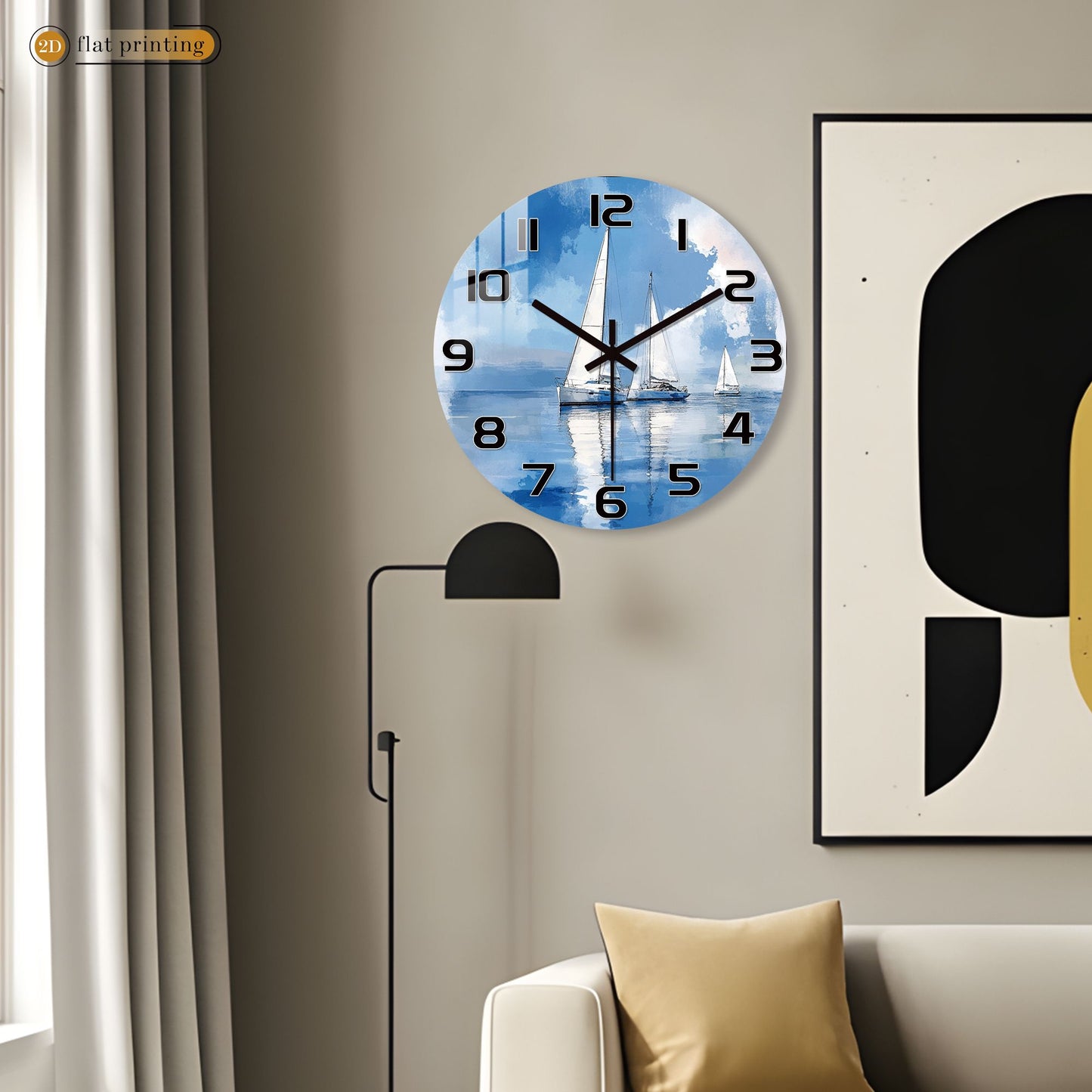 Sailboat Ocean Watercolor Wall Clock, Nautical Coastal Home Office Decor, Silent Quartz Movement Timekeeping Art