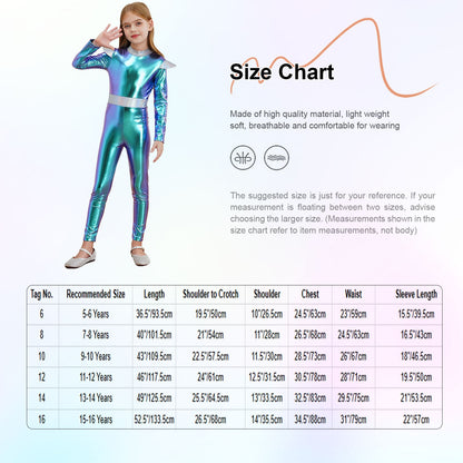 Kids Alien Cosplay Costume Outfits Boys Girls Metallic Shiny Alien Jumpsuit Halloween Full Length Bodysuit with Hair Hoop Suit