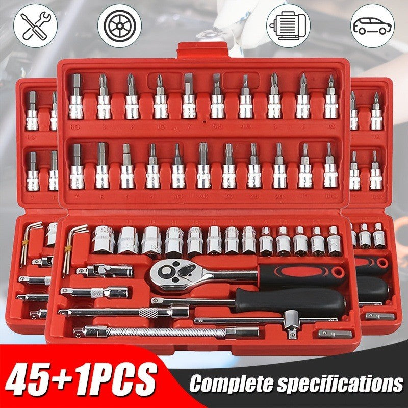 Kit de Ferramentas de Reparo Automotivo 46 Peças, Caixa de Ferramentas de Chave Catraca Combinada, Jogo de Ferramentas para Manutenção Automotiva e Reparo de Soquetes Veiculares