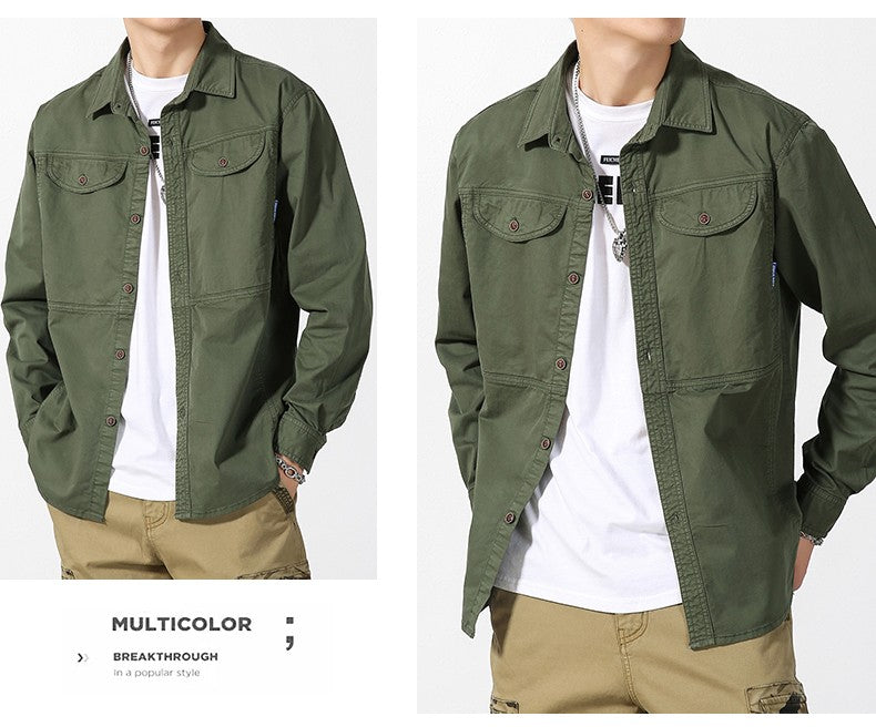 Men Slim Fit Turn-Down Collar Loose Cargo Shrit Spring Autumn Casual Wash Cotton Safari Style Jacket with Multiple Pockets Coat