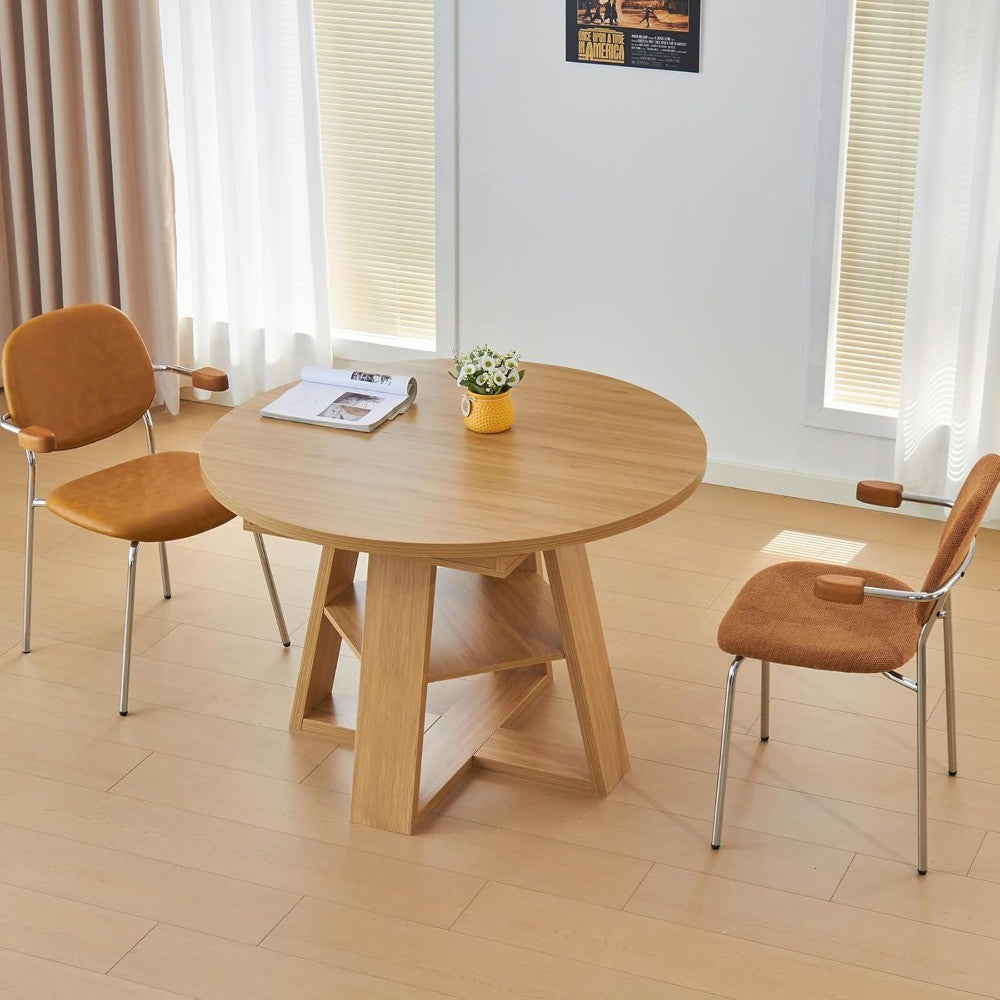 Mid Century Modern Extendable Dining Table Seats 4-8, Round & Oval with Hidden Leaves for Space-Saving, Cross Base Design