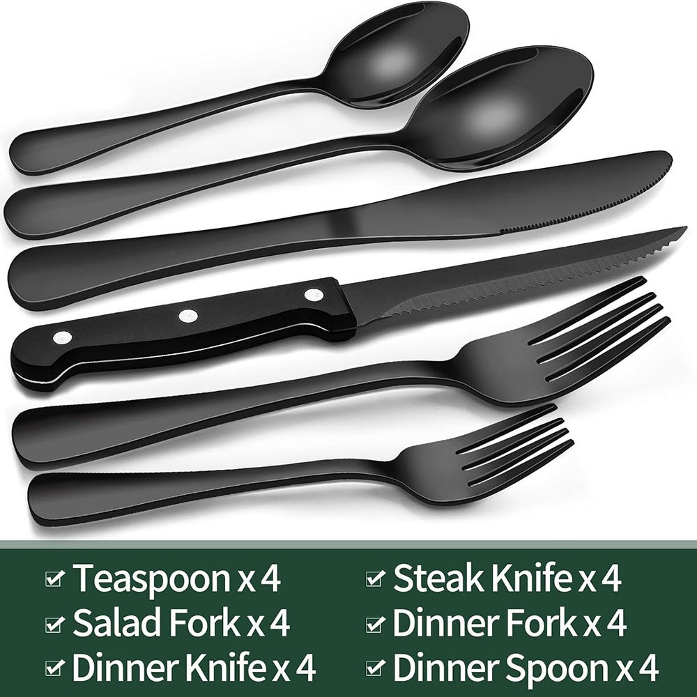 Conjunto de Talheres Pretos com Facas de Carne, Conjunto de Talheres para 4 Pessoas, Louça de Grau Alimentício, Conjunto de Talheres, Conjunto de Utensílios com Acabamento Espelhado