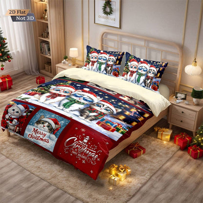 3pcs Merry Christmas Cat Printed Chipless Bedding Set Soft Dormitory Bedroom Multiple Sizes Machine Washable