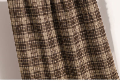 Plus Size Skirt Women 2024 Autumn Winter High Elastic Waist A Line Gray Or Khaki Plaid Skirt Korean Casual Long Skirts Womens