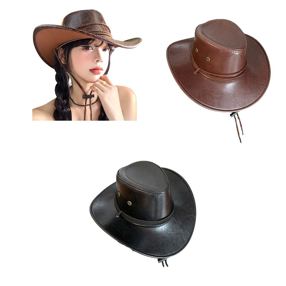 Cool Ethnic Style Western Cowboy Hat Roll Brim Wide Brim Cowgirl Jazz Hat Solid Color Polyester Visor Cap Cycling