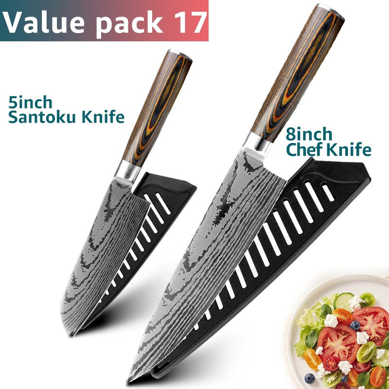 Conjunto de Facas de Cozinha 1-7PÇS Faca de Chef Japonesa Santoku 7CR17 Aço Inoxidável 440C Faca de Imitação de Damasco Cutelo de Carne Fatiador
