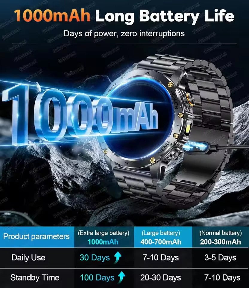 Smartwatch Militar Novo 2025 Bateria 1000mAh Monitoramento Fitness 10ATM À Prova D'Água Táticas Esportivas Lanterna Pulseira para Chamadas Masculino
