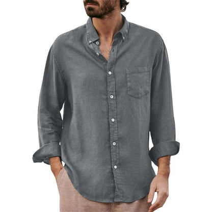 Men's Lapel Collar Shirt, Solid Color Long Sleeve Button-Down Loose Simple Blouse with Chest Pocket