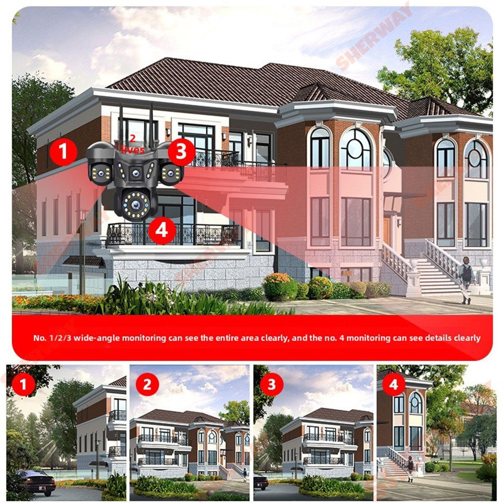10K 20MP UHD Outdoor WiFi IP Camera Four Len Four Screen 360° 16X Zoom PTZ Security Cam Auto Tracking CCTV Wireless Surveillance