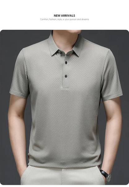 Summer New Men's Lop-up Hollow Short-sleeved Polo Tee Shirt Ice Silk Breathable Business Fashion T-Shirt Male Brand Clothes