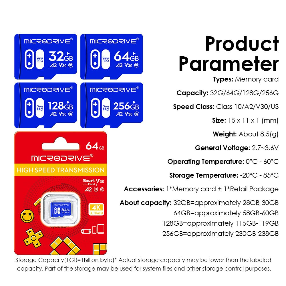 Cartão de Memória de Alta Velocidade V30 U3 32GB 64GB 256GB Flash UHS-3 Cartão Micro Mini SD Para Câmera HD 4K / TV / Nintendo Switch / Gopro UAV