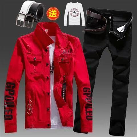 Men's Slim Fit Denim Jacket Pants 2pcs Set Long Sleeve Coats Letters Printed Casual Large Size Black White Red Boys Trousers