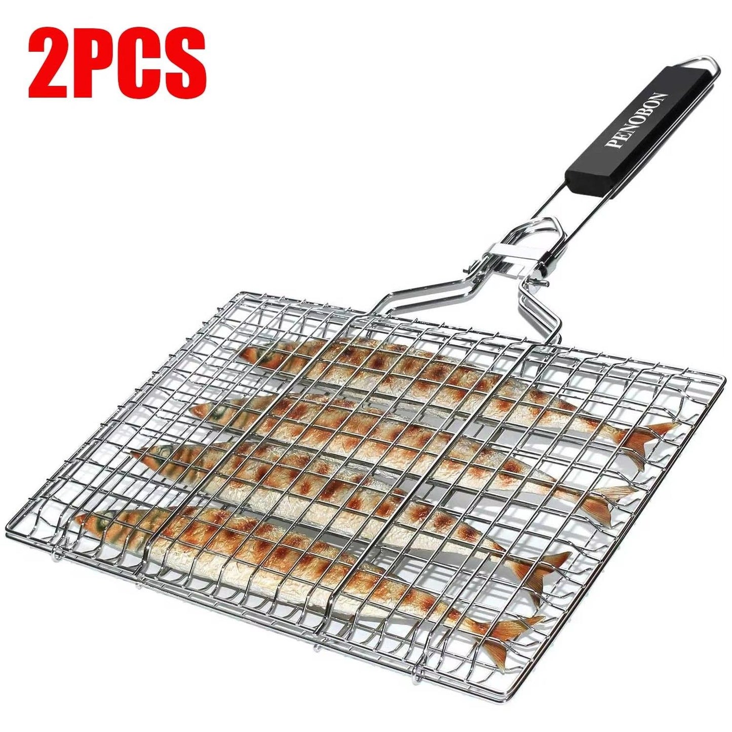 Grill fish basket, collapsible portable stainless steel grill basket with detachable handle and storage bag