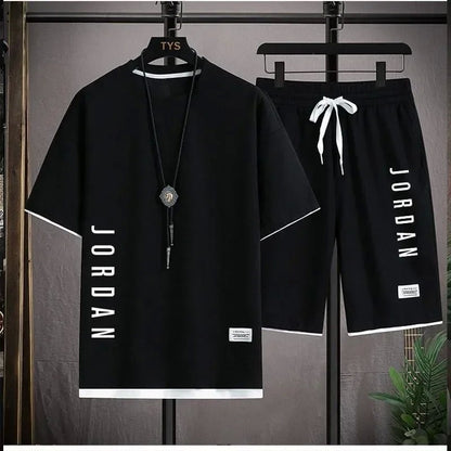 2025 Elegant casual T-shirt and shorts set for men's sports suit loose and comfortable summer waffle set for men