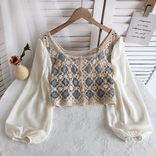 Crochet Top with Chiffon Sleeve Argyle Embroidery Square-neck Fake Two-Piece Blouse Spring Summer Fairycore Cottagecore