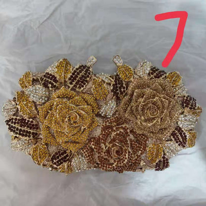 Golden Silver Luxury Crystals Evening Bags Fashion Rose Flower Diamonds Clutch Bags Soiree Purse Women Wedding Bride Handbags