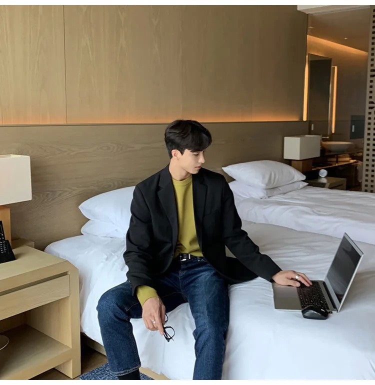 Korean Men's Casual Blazer Western-style Loose-fit Black Single-breasted Jacket Autumn Trendy Dongdaemun Style Clothes