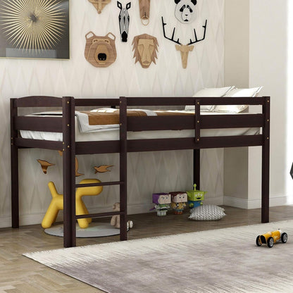 Cama suspensa baixa de madeira tamanho solteiro Espresso com escada