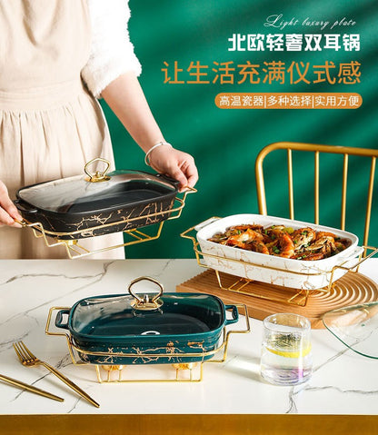 Caçarola retangular de cerâmica em forma de ânfora, para mesa de casa, com suporte criativo para aquecimento leve de sopa e vela.