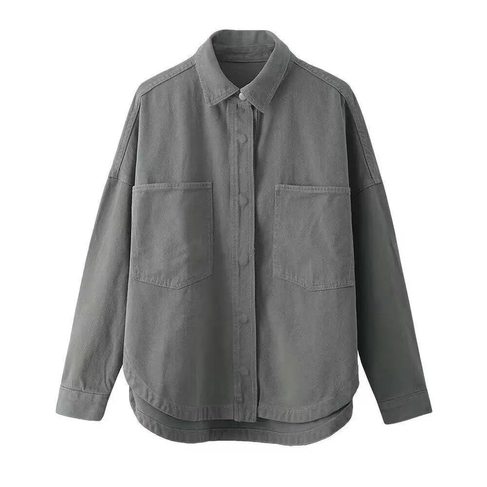 Retro Washed Loose Long Sleeve Women's Denim Shirt Vintage Workwear Style Button up Casual Outerwear from Mainland China