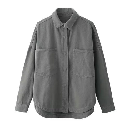 Retro Washed Loose Long Sleeve Women's Denim Shirt Vintage Workwear Style Button up Casual Outerwear from Mainland China