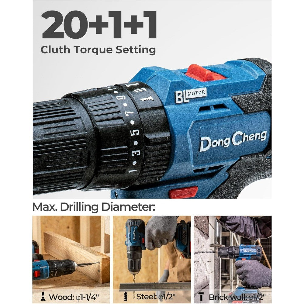 Furadeira de Impacto Brushless 20V para Serviço Pesado, Torque de 50 Nm, Furadeira de Impacto Sem Fio com 2 Baterias para Tijolo, Metal e Madeira