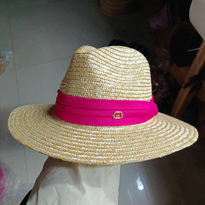 Chapéu de palha de verão alfinete de pérola chapéu de palha feminino de aba plana oco com ranhuras de verão para praia e sol sombreiro ????