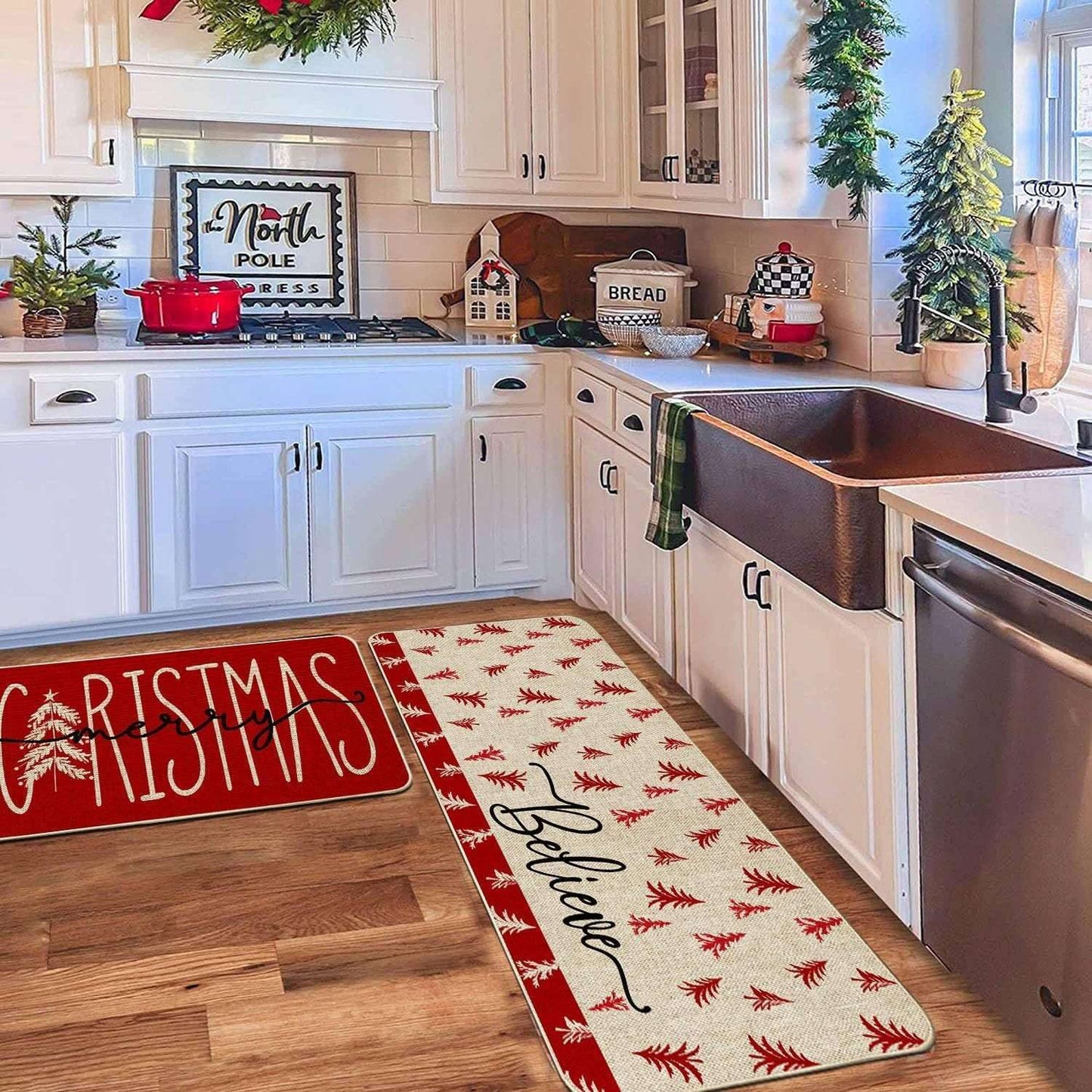 VIKAMA 2-Piece Christmas Festival Rug Set Kitchen Mat Combo, Entrance Hall Doormat Stain-Resistant and Easy-Care Home Decor