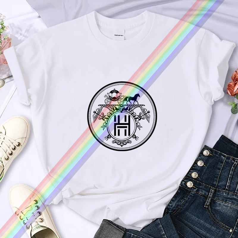 2025Luxury Brand High-Quality For Women's Summer Paris H Horse Printing T-shirt 100% Cotton Casual Oversized Y2k Sleeve O-neck