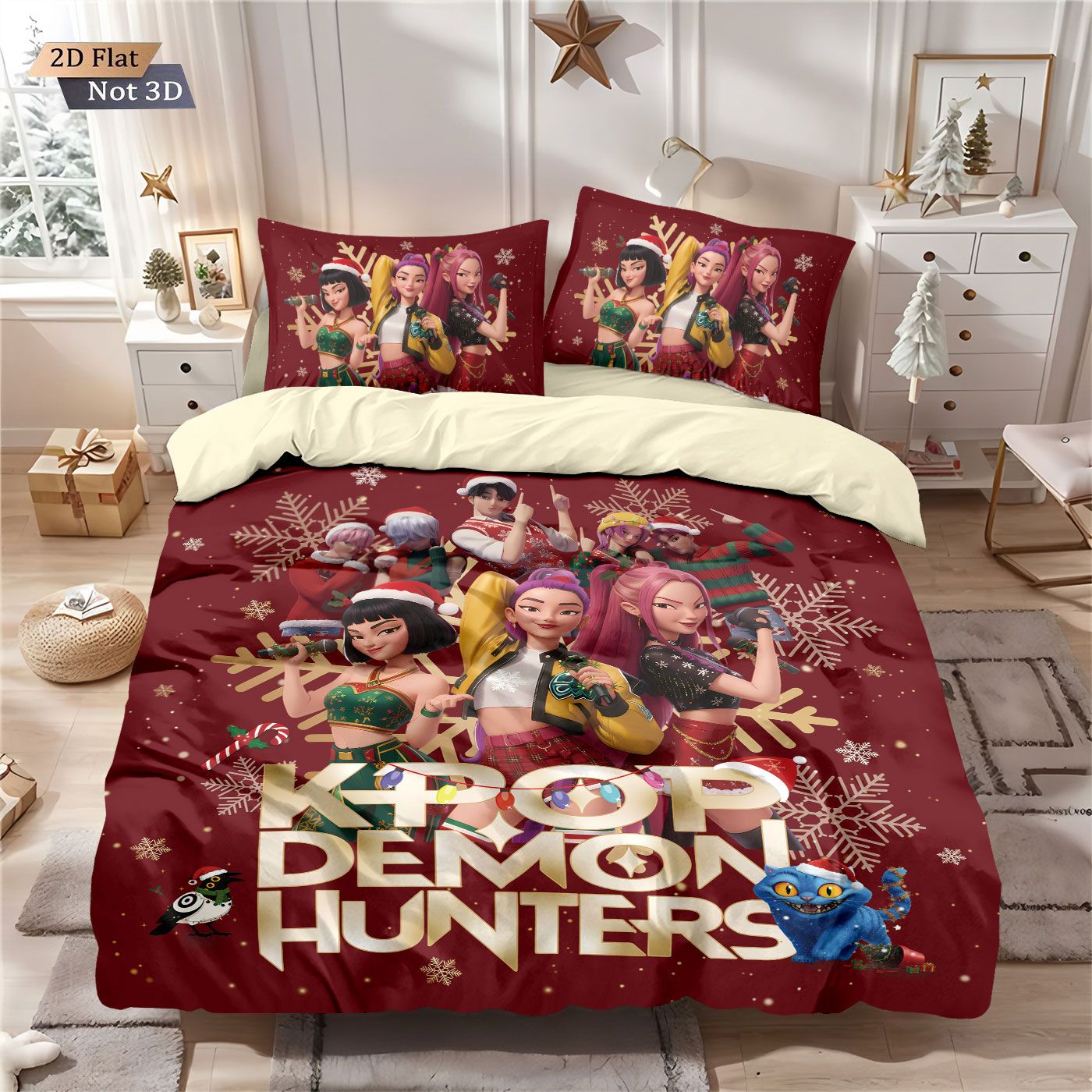 3pcs Christmas K-Pop Demon Hunters Print Coreless Bedding Set Multi Size Bedroom Bedding Decoration Machine Washable
